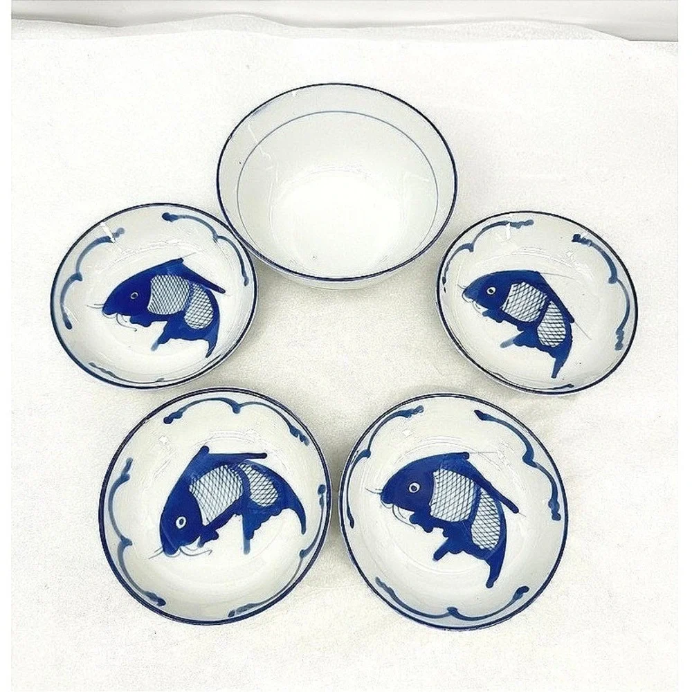 Chinese Koi Fish Carp Ceramic Rice Dipping Bowl SET of 5 Piece Asian Serverware
